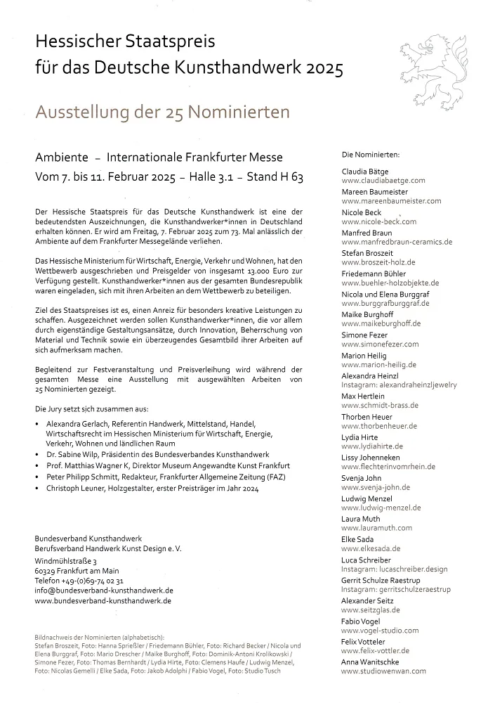 Nominierung Hessischer Staatspreis Kunsthandwerk