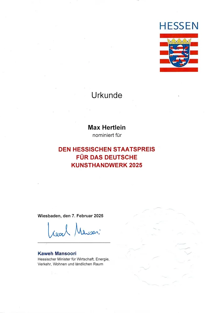 Urkunde Nominierung Hessischer Staatspreis Kunsthandwerk