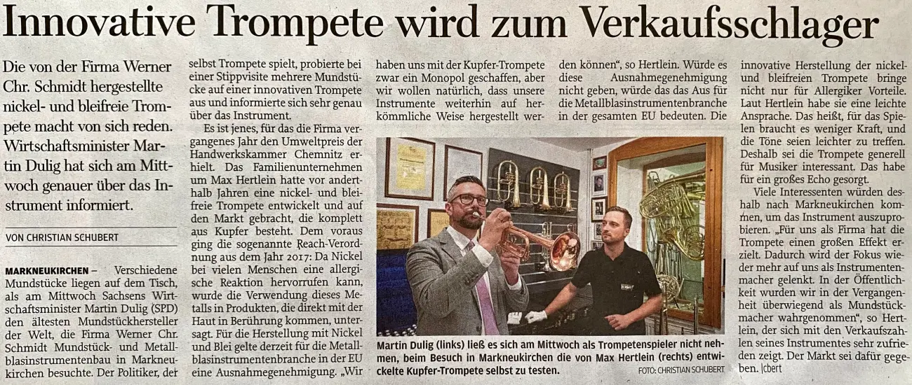 Zeitungsartikel zum Besuch des Ministers in unserer Werkstatt