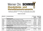 Preisliste für Instrumente